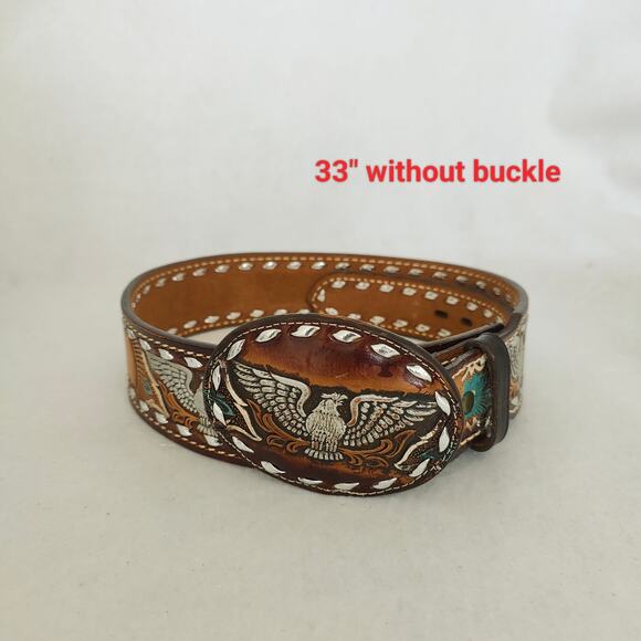 Brazos Women 33" Brown Turquoise Tool Leather Belt Western Eagle Embroider ELSA - Picture 2 of 5